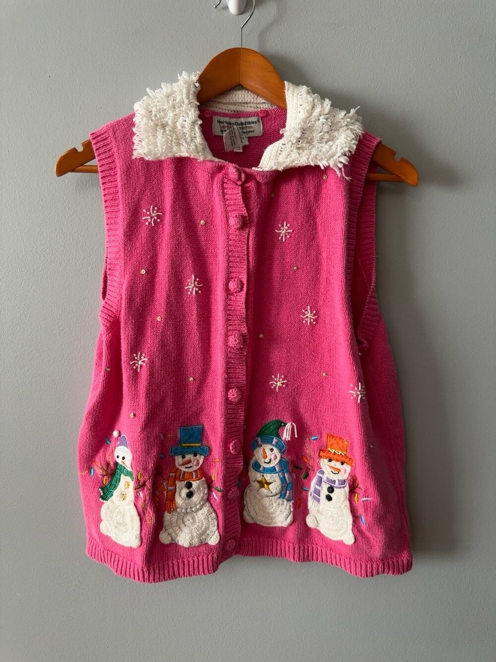 Heirloom Collectibles XL Pink Christmas Sweater Vest Snowmen Ramie Cotton Cute